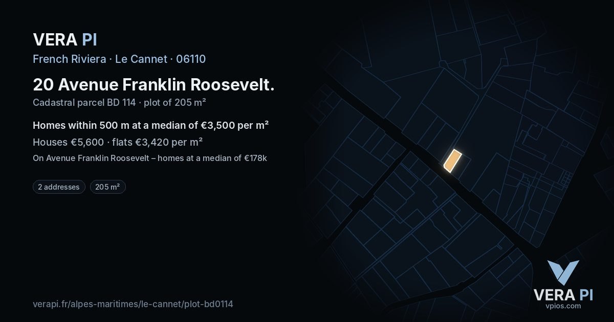 20 Avenue Franklin Roosevelt, Le Cannet at night – the plot lit, the parcels around coloured by the prices near them