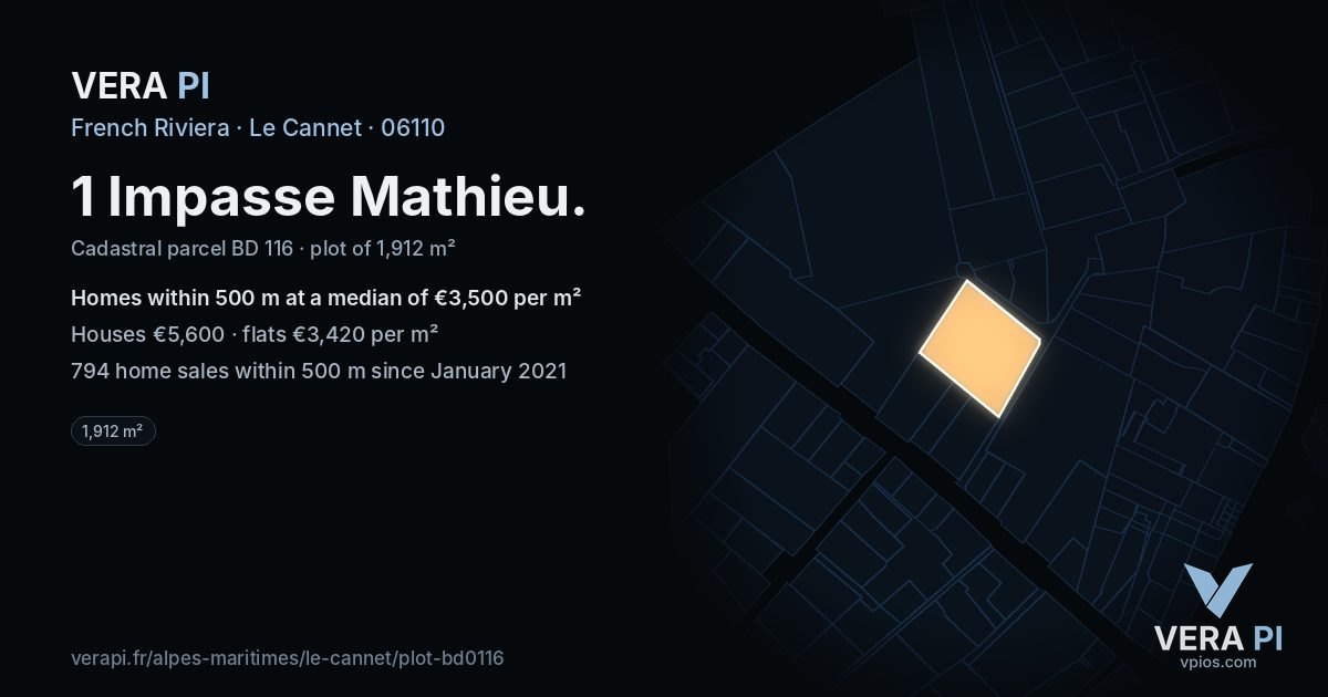 1 Impasse Mathieu, Le Cannet at night – the plot lit, the parcels around coloured by the prices near them