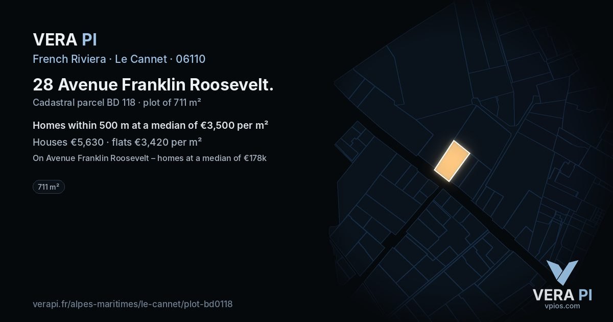 28 Avenue Franklin Roosevelt, Le Cannet at night – the plot lit, the parcels around coloured by the prices near them