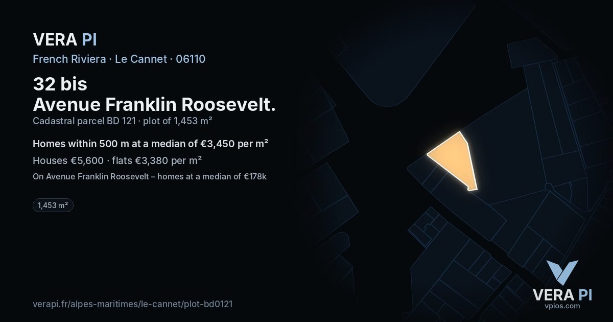 32 bis Avenue Franklin Roosevelt, Le Cannet at night – the plot lit, the parcels around coloured by the prices near them