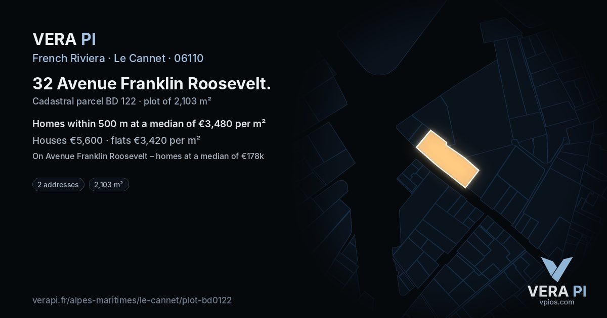 32 Avenue Franklin Roosevelt, Le Cannet at night – the plot lit, the parcels around coloured by the prices near them