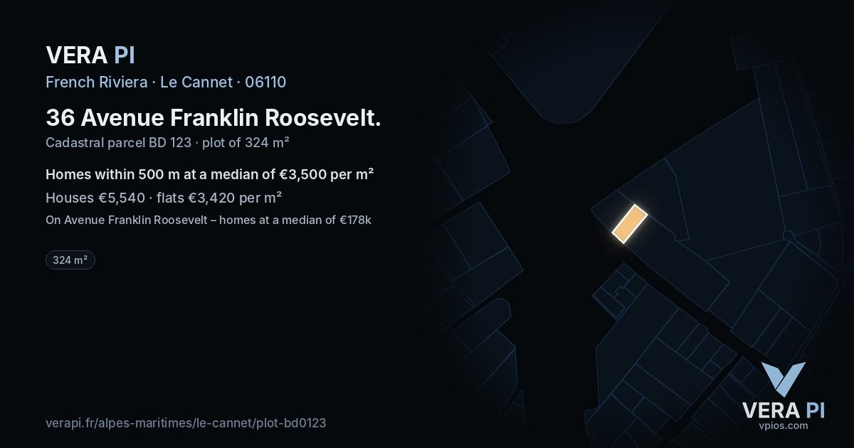 36 Avenue Franklin Roosevelt, Le Cannet at night – the plot lit, the parcels around coloured by the prices near them