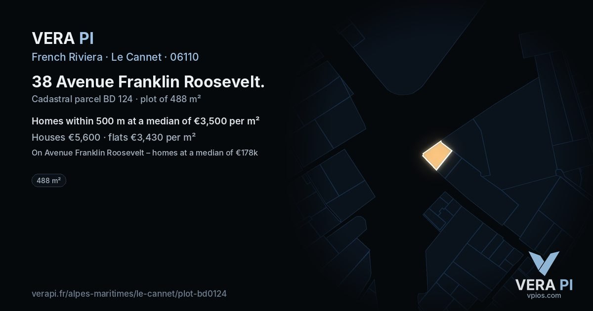 38 Avenue Franklin Roosevelt, Le Cannet at night – the plot lit, the parcels around coloured by the prices near them