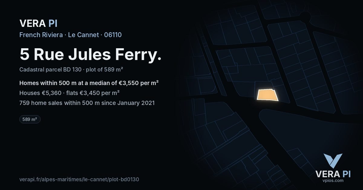 5 Rue Jules Ferry, Le Cannet at night – the plot lit, the parcels around coloured by the prices near them