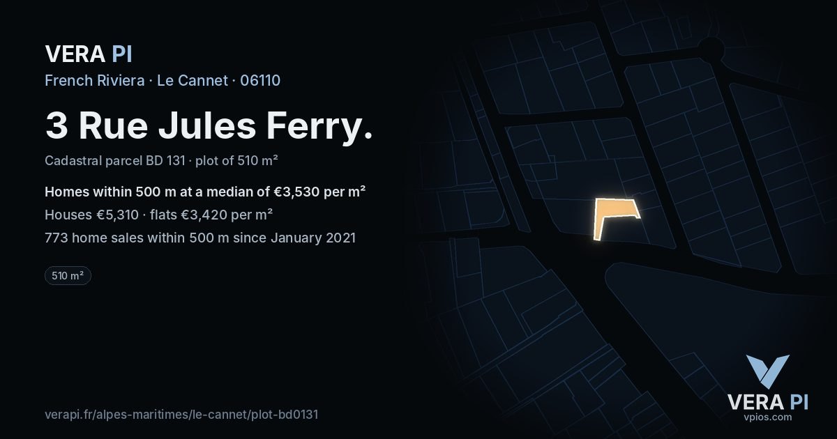 3 Rue Jules Ferry, Le Cannet at night – the plot lit, the parcels around coloured by the prices near them