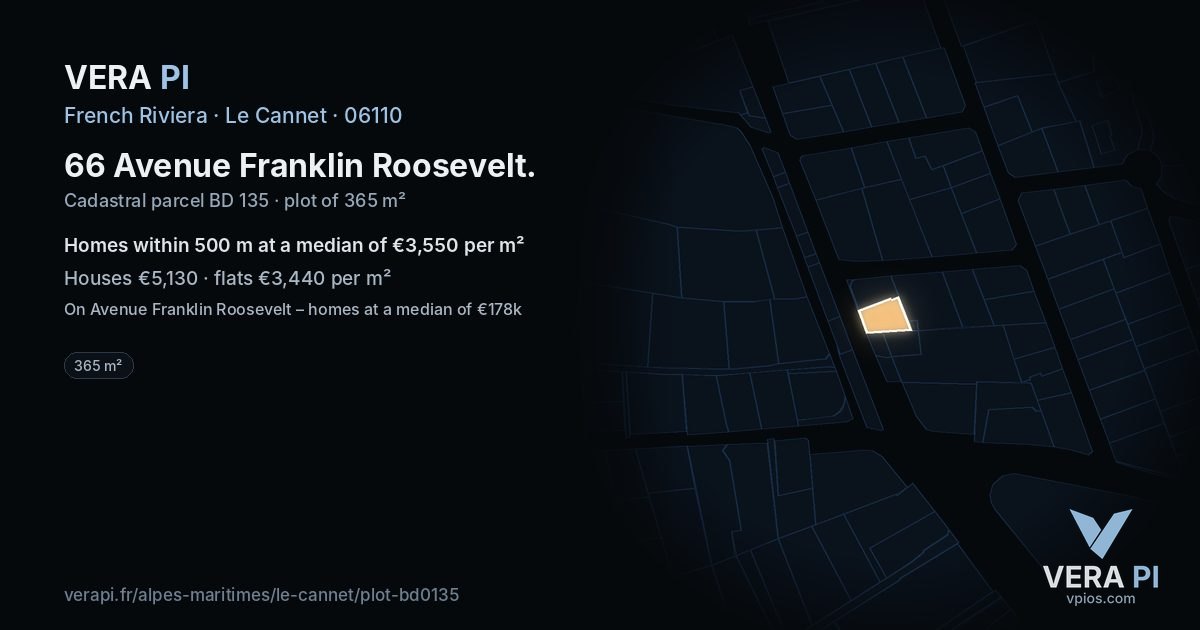 66 Avenue Franklin Roosevelt, Le Cannet at night – the plot lit, the parcels around coloured by the prices near them