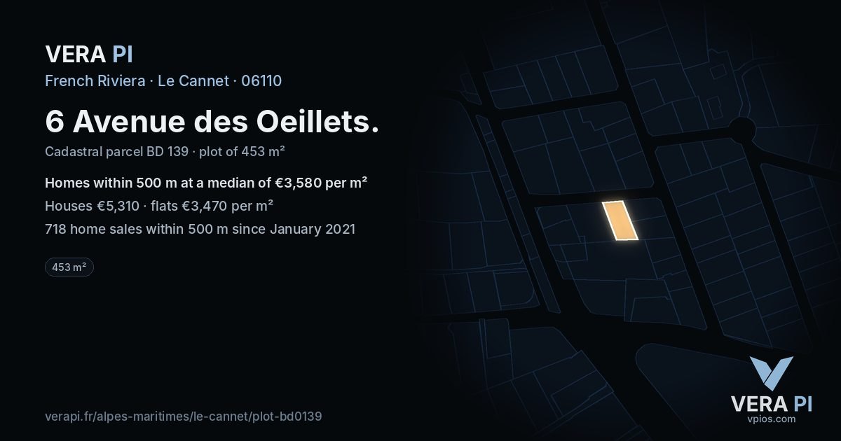 6 Avenue des Oeillets, Le Cannet at night – the plot lit, the parcels around coloured by the prices near them