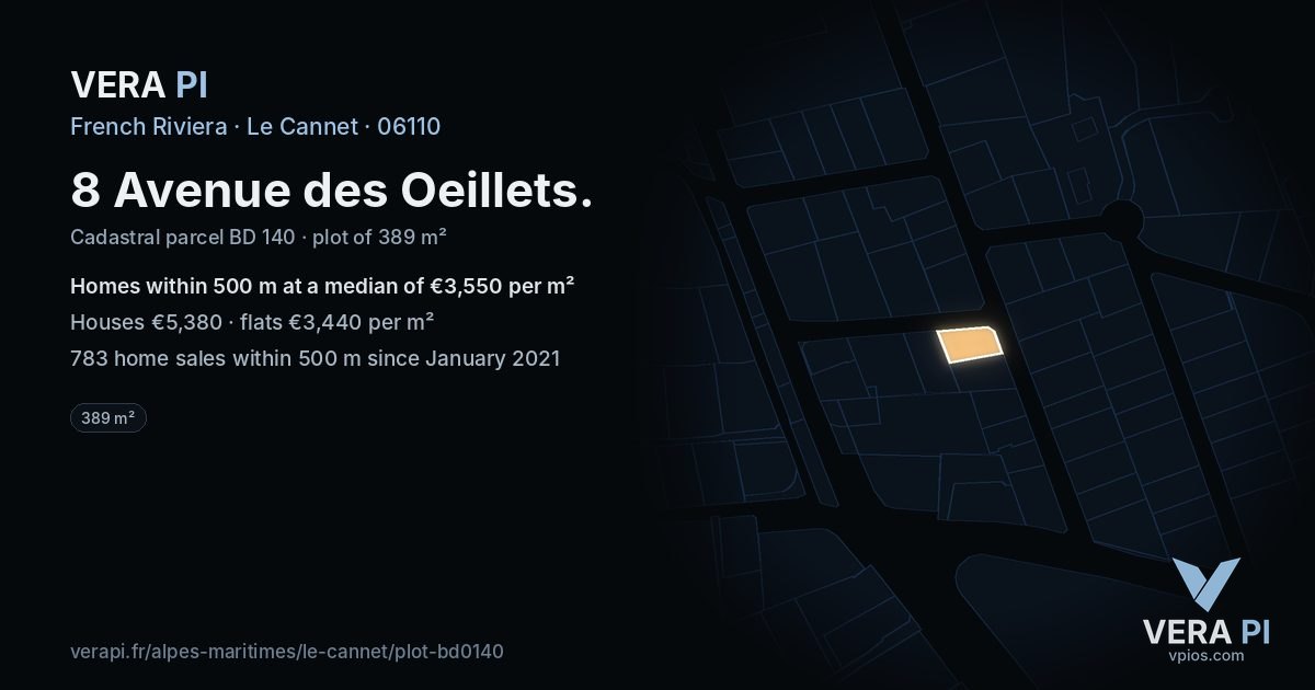 8 Avenue des Oeillets, Le Cannet at night – the plot lit, the parcels around coloured by the prices near them