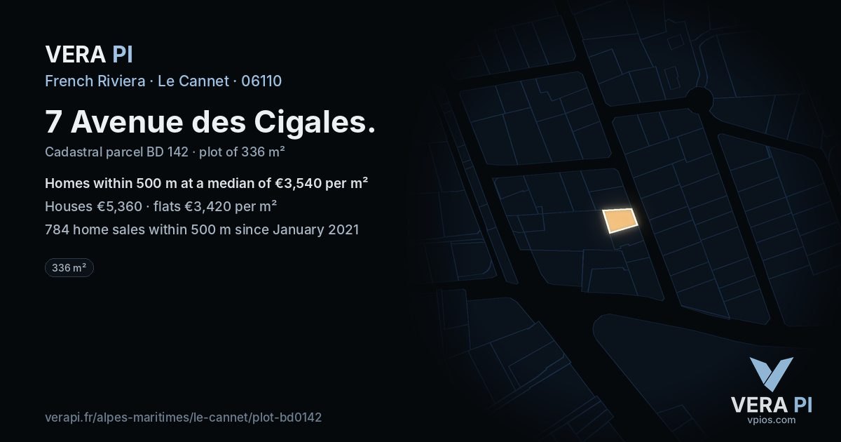 7 Avenue des Cigales, Le Cannet at night – the plot lit, the parcels around coloured by the prices near them