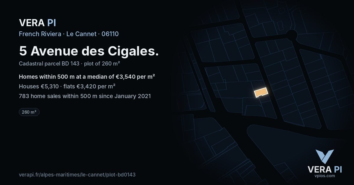 5 Avenue des Cigales, Le Cannet at night – the plot lit, the parcels around coloured by the prices near them