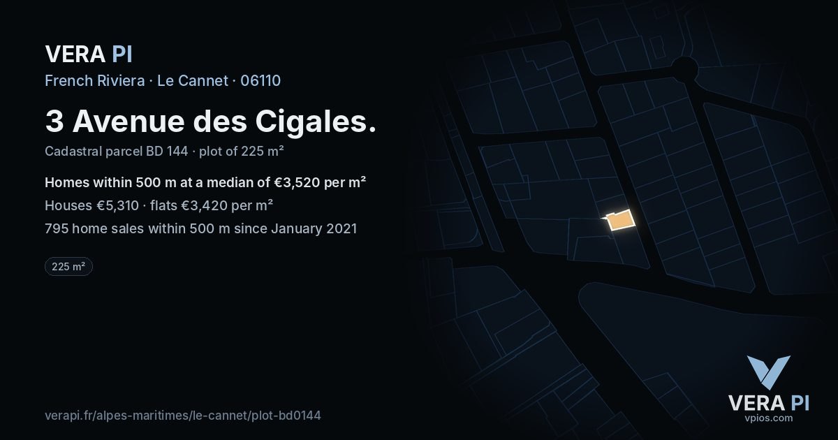 3 Avenue des Cigales, Le Cannet at night – the plot lit, the parcels around coloured by the prices near them