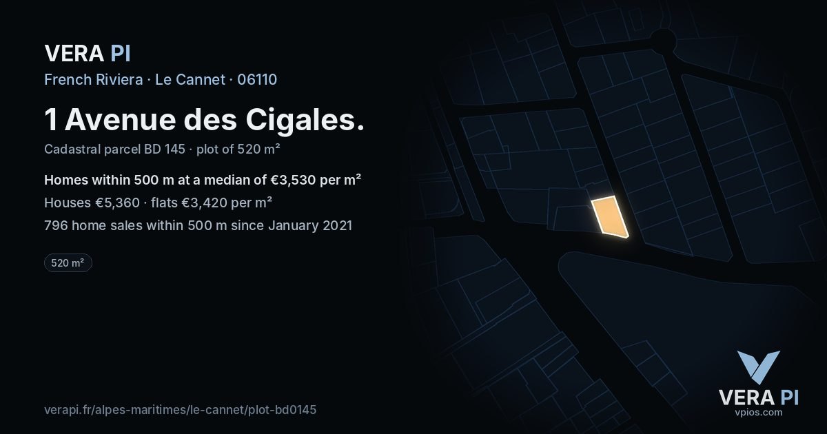 1 Avenue des Cigales, Le Cannet at night – the plot lit, the parcels around coloured by the prices near them