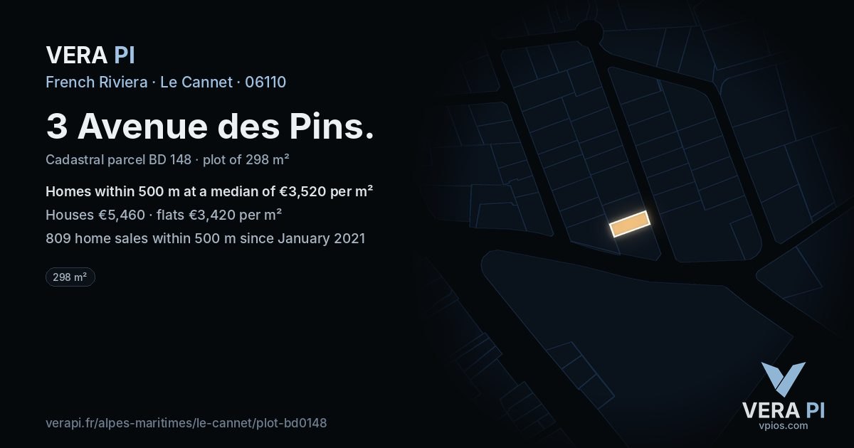 3 Avenue des Pins, Le Cannet at night – the plot lit, the parcels around coloured by the prices near them