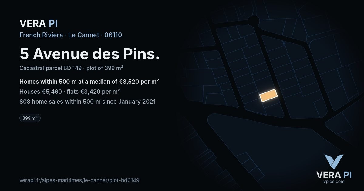 5 Avenue des Pins, Le Cannet at night – the plot lit, the parcels around coloured by the prices near them