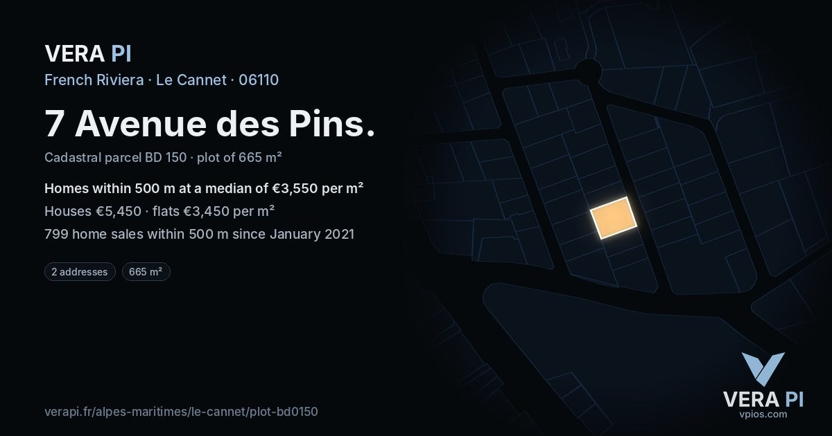 7 Avenue des Pins, Le Cannet at night – the plot lit, the parcels around coloured by the prices near them