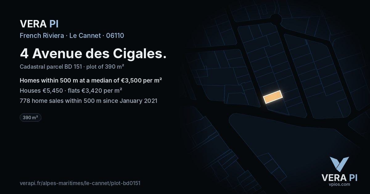 4 Avenue des Cigales, Le Cannet at night – the plot lit, the parcels around coloured by the prices near them