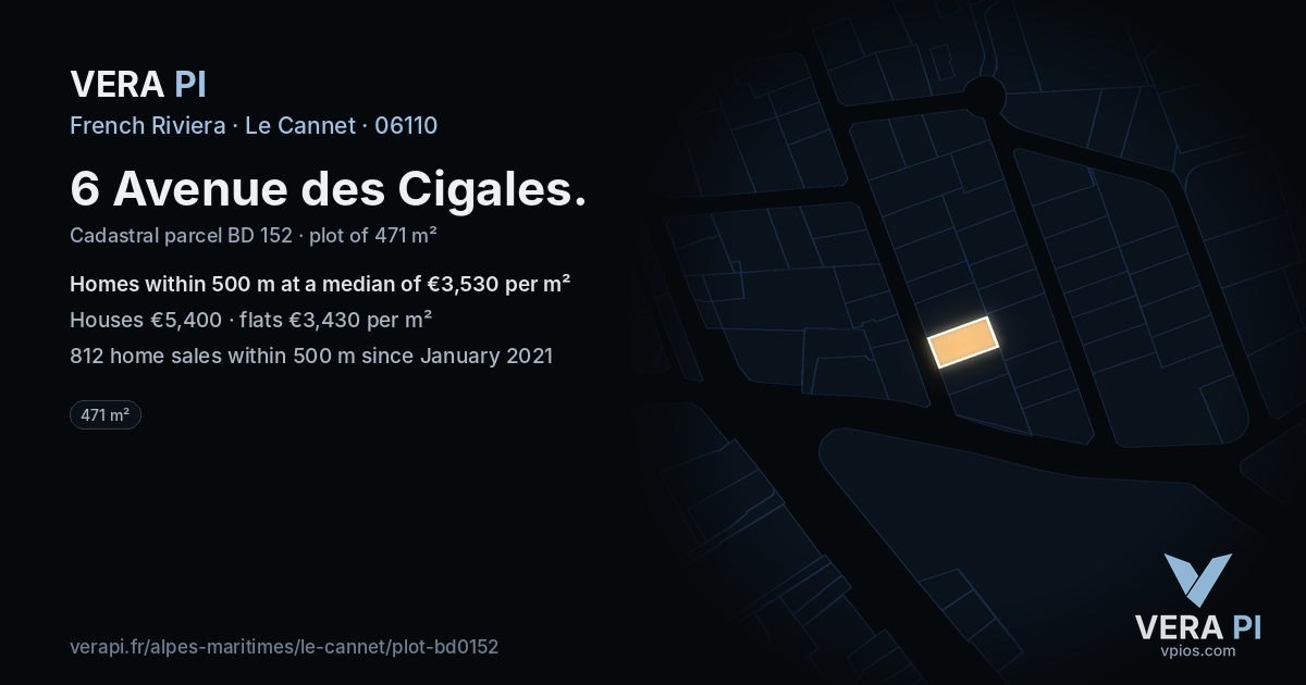 6 Avenue des Cigales, Le Cannet at night – the plot lit, the parcels around coloured by the prices near them