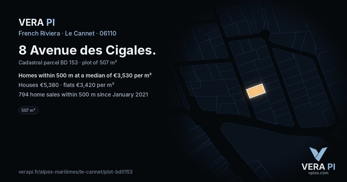 8 Avenue des Cigales, Le Cannet at night – the plot lit, the parcels around coloured by the prices near them