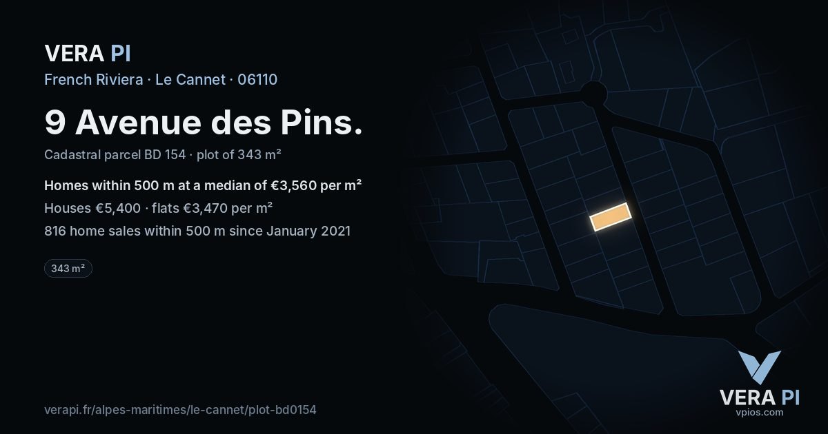 9 Avenue des Pins, Le Cannet at night – the plot lit, the parcels around coloured by the prices near them