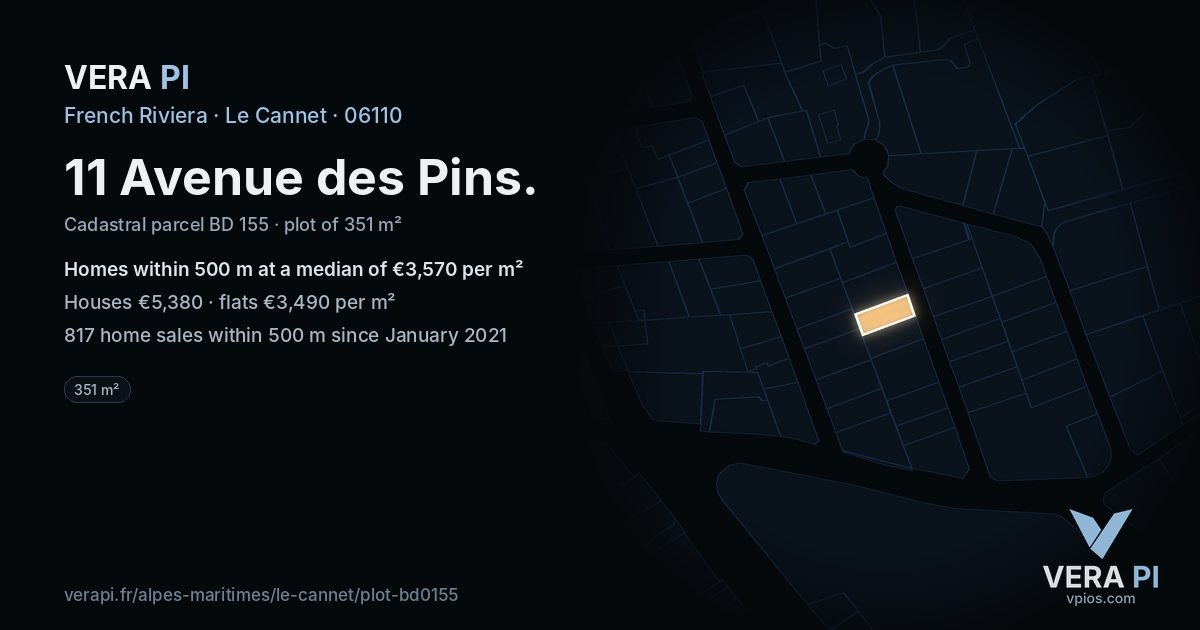 11 Avenue des Pins, Le Cannet at night – the plot lit, the parcels around coloured by the prices near them