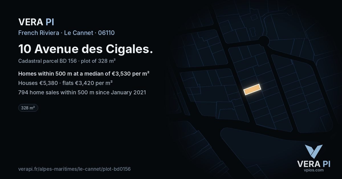 10 Avenue des Cigales, Le Cannet at night – the plot lit, the parcels around coloured by the prices near them