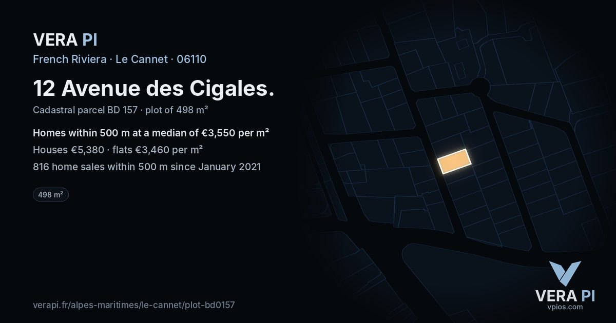12 Avenue des Cigales, Le Cannet at night – the plot lit, the parcels around coloured by the prices near them