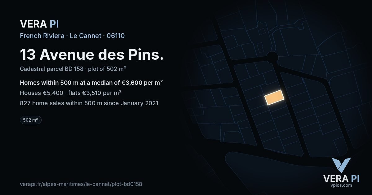 13 Avenue des Pins, Le Cannet at night – the plot lit, the parcels around coloured by the prices near them