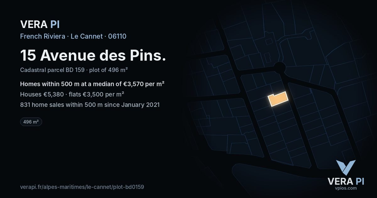15 Avenue des Pins, Le Cannet at night – the plot lit, the parcels around coloured by the prices near them