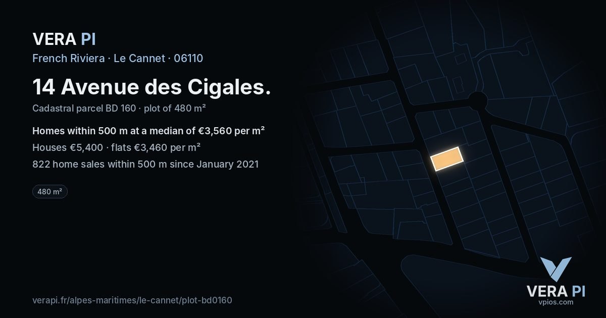 14 Avenue des Cigales, Le Cannet at night – the plot lit, the parcels around coloured by the prices near them