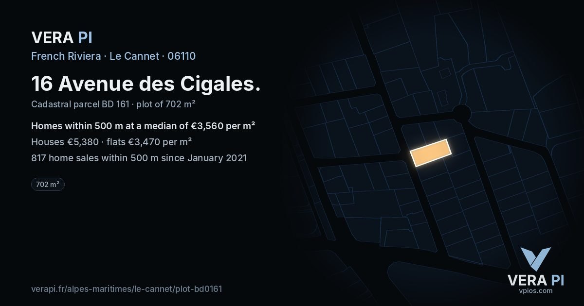 16 Avenue des Cigales, Le Cannet at night – the plot lit, the parcels around coloured by the prices near them