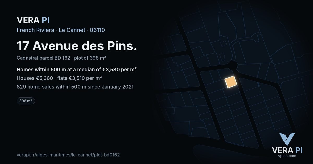17 Avenue des Pins, Le Cannet at night – the plot lit, the parcels around coloured by the prices near them