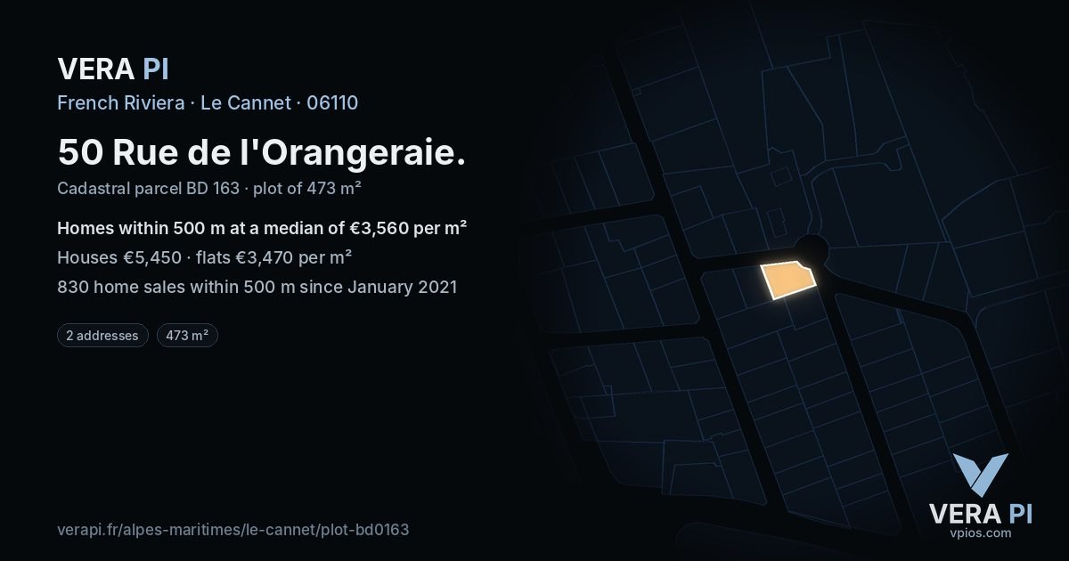 50 Rue de l'Orangeraie, Le Cannet at night – the plot lit, the parcels around coloured by the prices near them