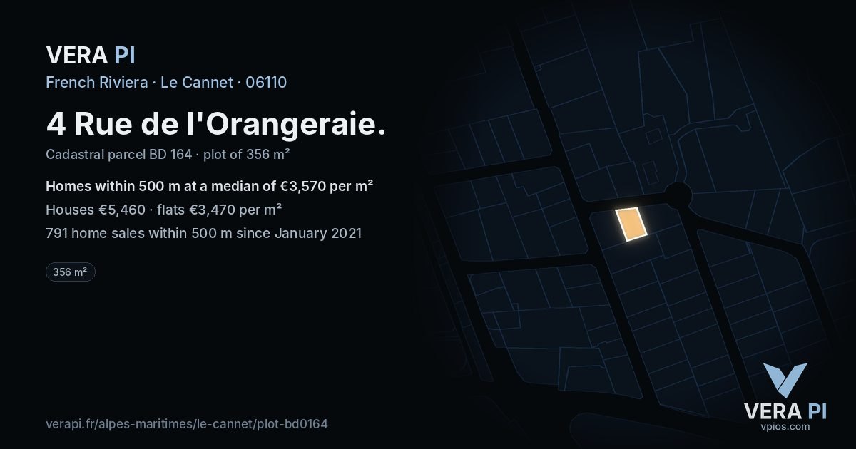 4 Rue de l'Orangeraie, Le Cannet at night – the plot lit, the parcels around coloured by the prices near them