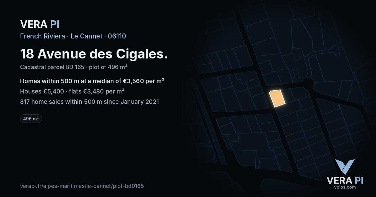 18 Avenue des Cigales, Le Cannet at night – the plot lit, the parcels around coloured by the prices near them
