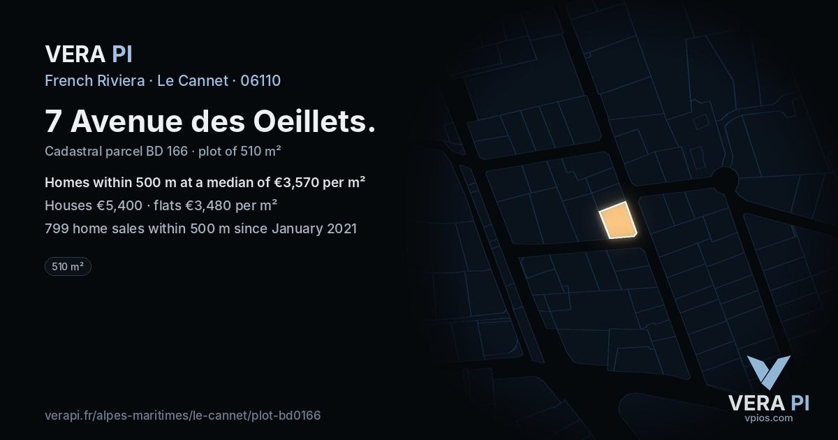 7 Avenue des Oeillets, Le Cannet at night – the plot lit, the parcels around coloured by the prices near them