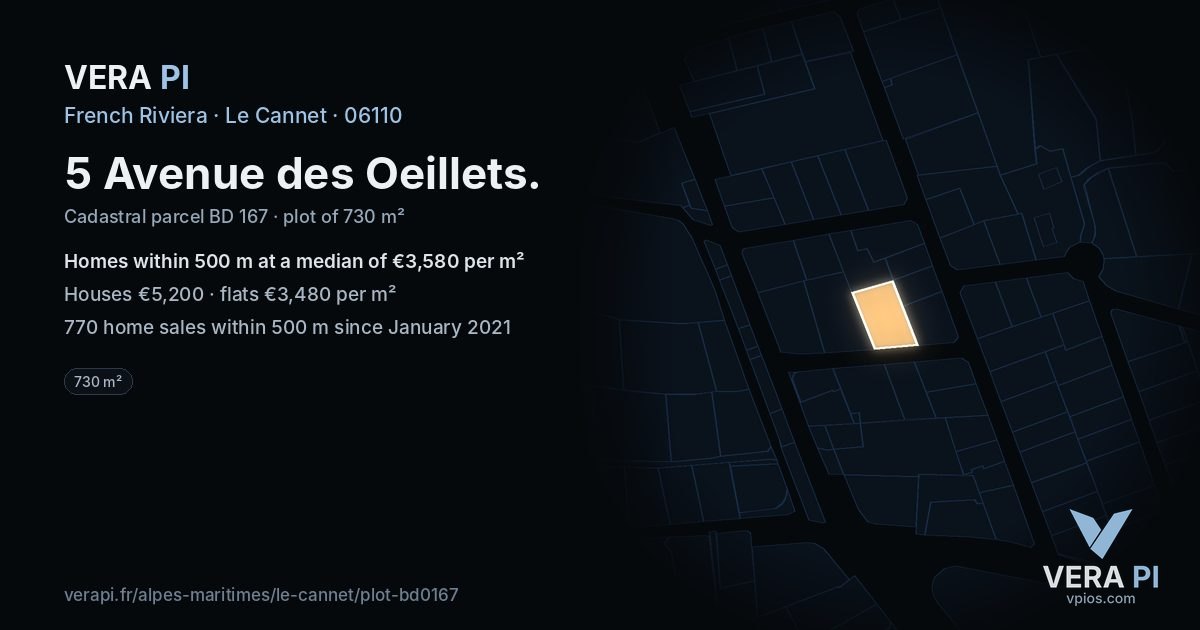 5 Avenue des Oeillets, Le Cannet at night – the plot lit, the parcels around coloured by the prices near them