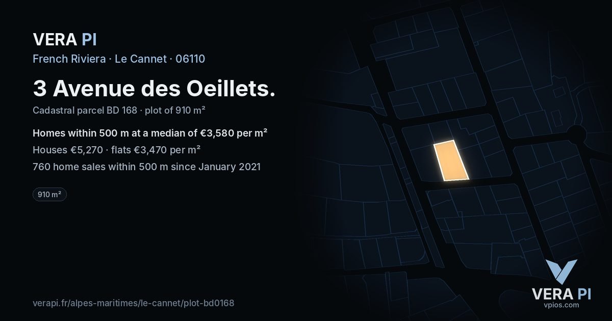 3 Avenue des Oeillets, Le Cannet at night – the plot lit, the parcels around coloured by the prices near them