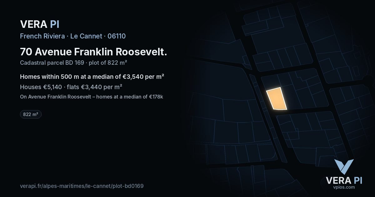 70 Avenue Franklin Roosevelt, Le Cannet at night – the plot lit, the parcels around coloured by the prices near them
