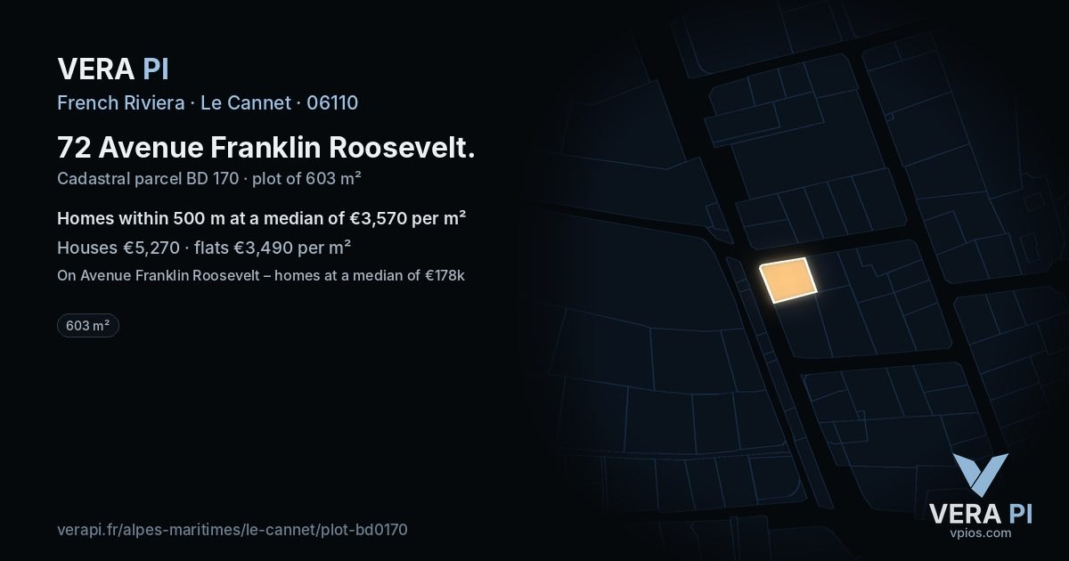 72 Avenue Franklin Roosevelt, Le Cannet at night – the plot lit, the parcels around coloured by the prices near them