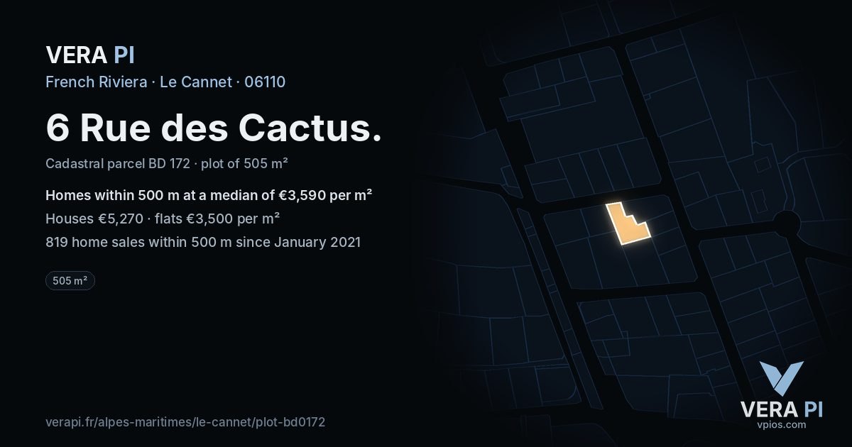 6 Rue des Cactus, Le Cannet at night – the plot lit, the parcels around coloured by the prices near them