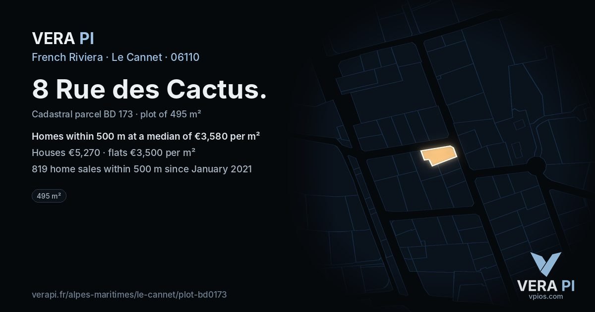 8 Rue des Cactus, Le Cannet at night – the plot lit, the parcels around coloured by the prices near them