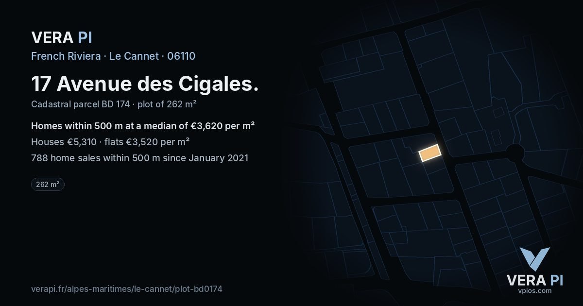 17 Avenue des Cigales, Le Cannet at night – the plot lit, the parcels around coloured by the prices near them