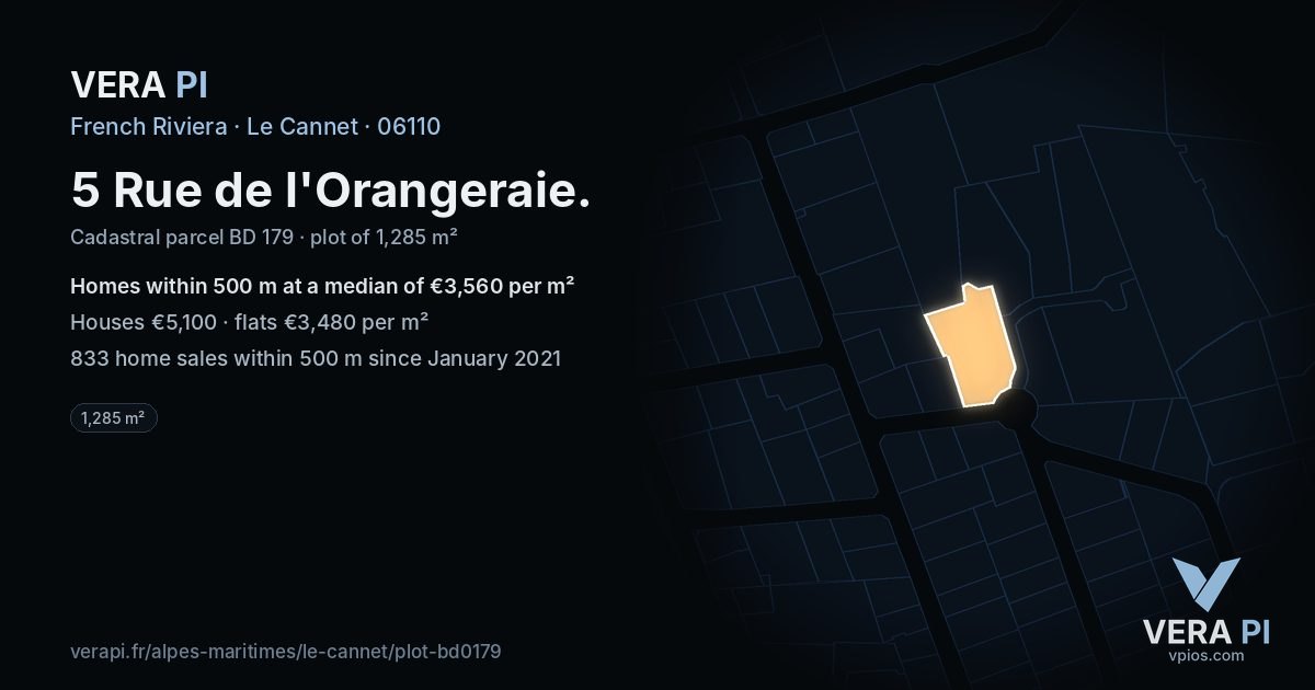 5 Rue de l'Orangeraie, Le Cannet at night – the plot lit, the parcels around coloured by the prices near them