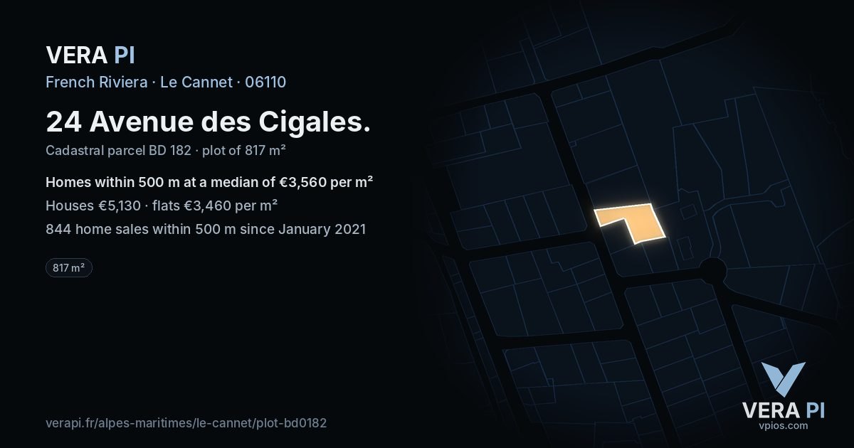 24 Avenue des Cigales, Le Cannet at night – the plot lit, the parcels around coloured by the prices near them