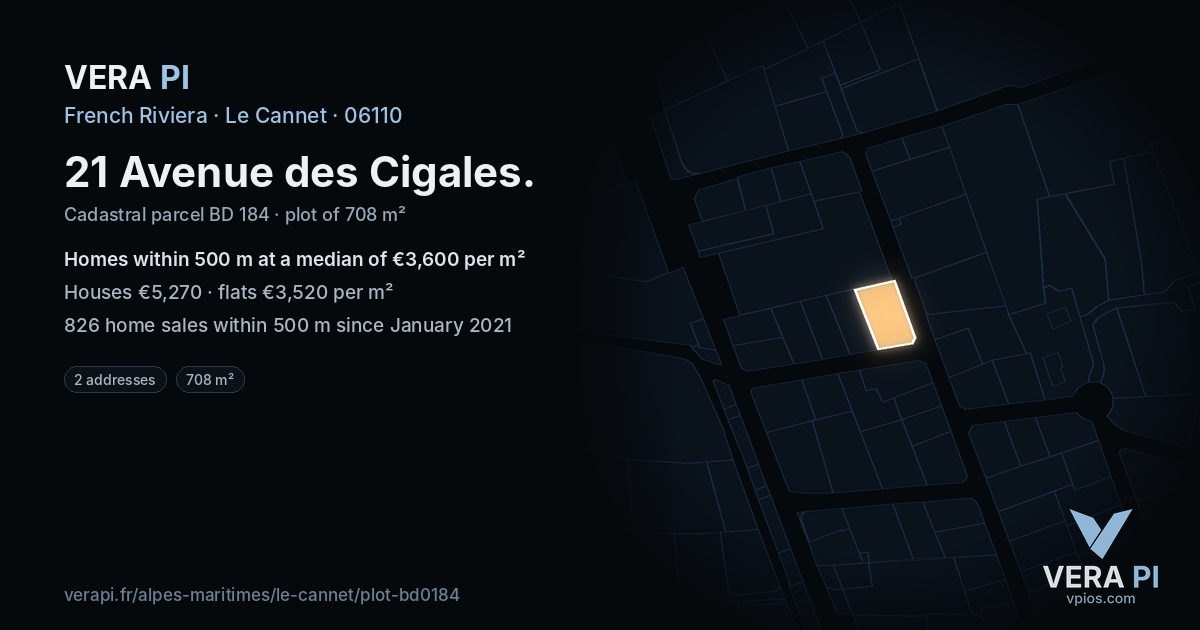 21 Avenue des Cigales, Le Cannet at night – the plot lit, the parcels around coloured by the prices near them