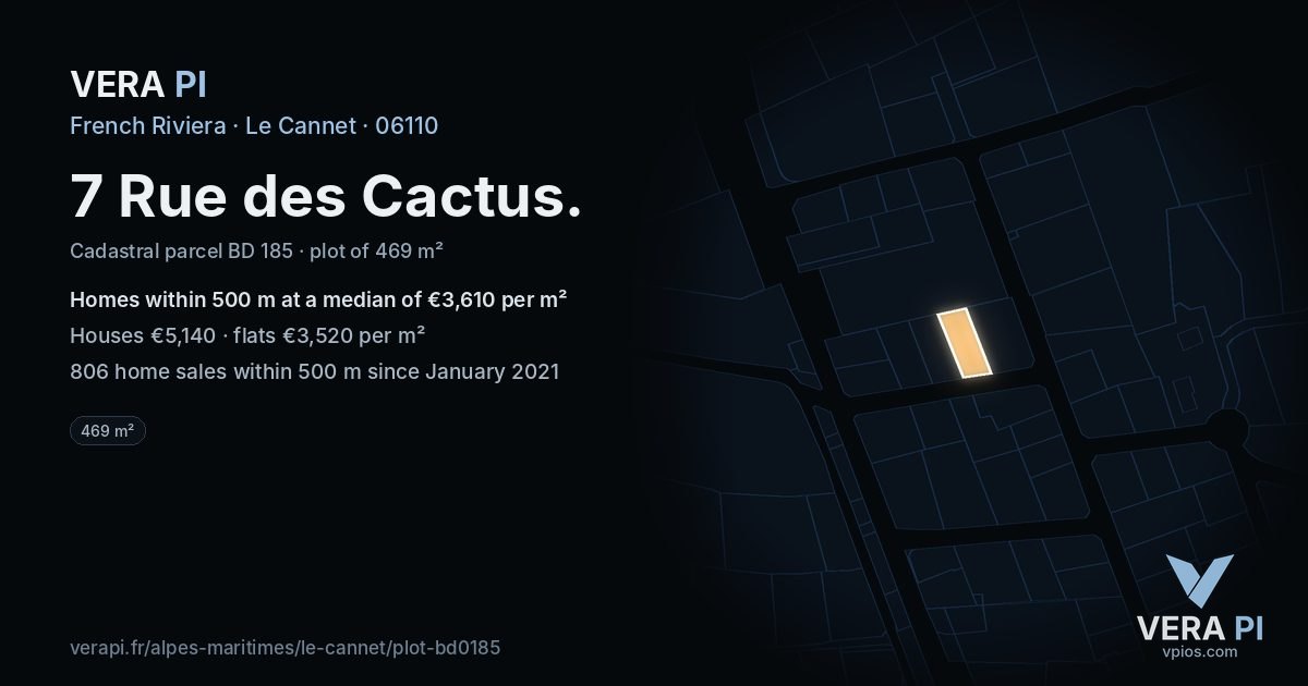 7 Rue des Cactus, Le Cannet at night – the plot lit, the parcels around coloured by the prices near them