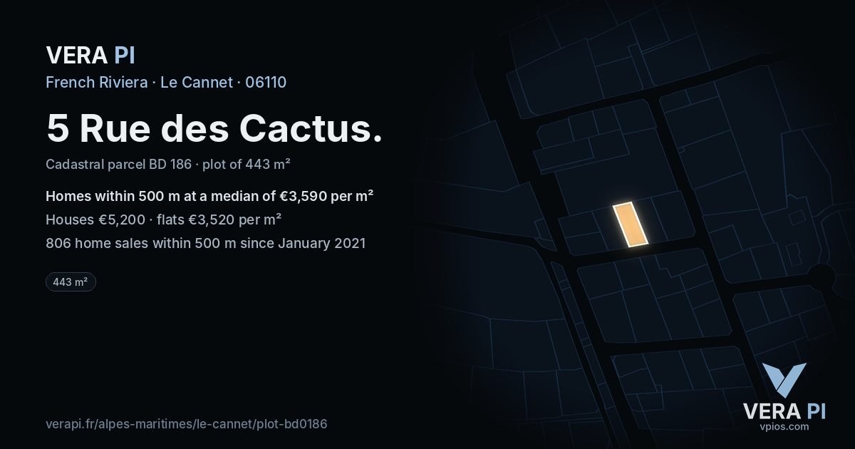 5 Rue des Cactus, Le Cannet at night – the plot lit, the parcels around coloured by the prices near them