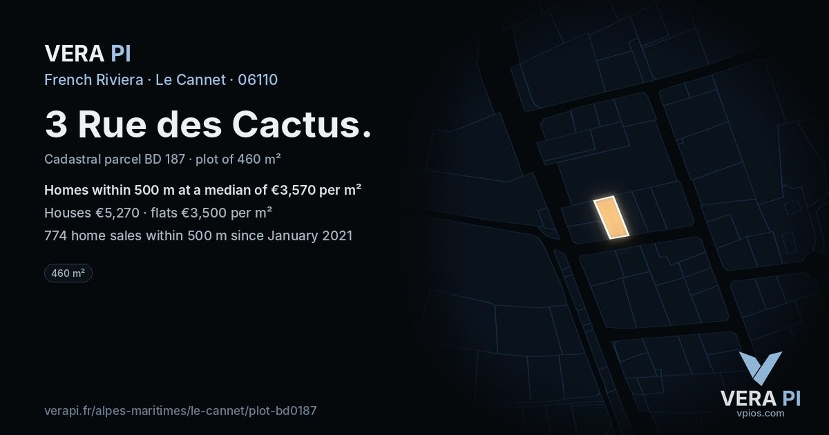 3 Rue des Cactus, Le Cannet at night – the plot lit, the parcels around coloured by the prices near them