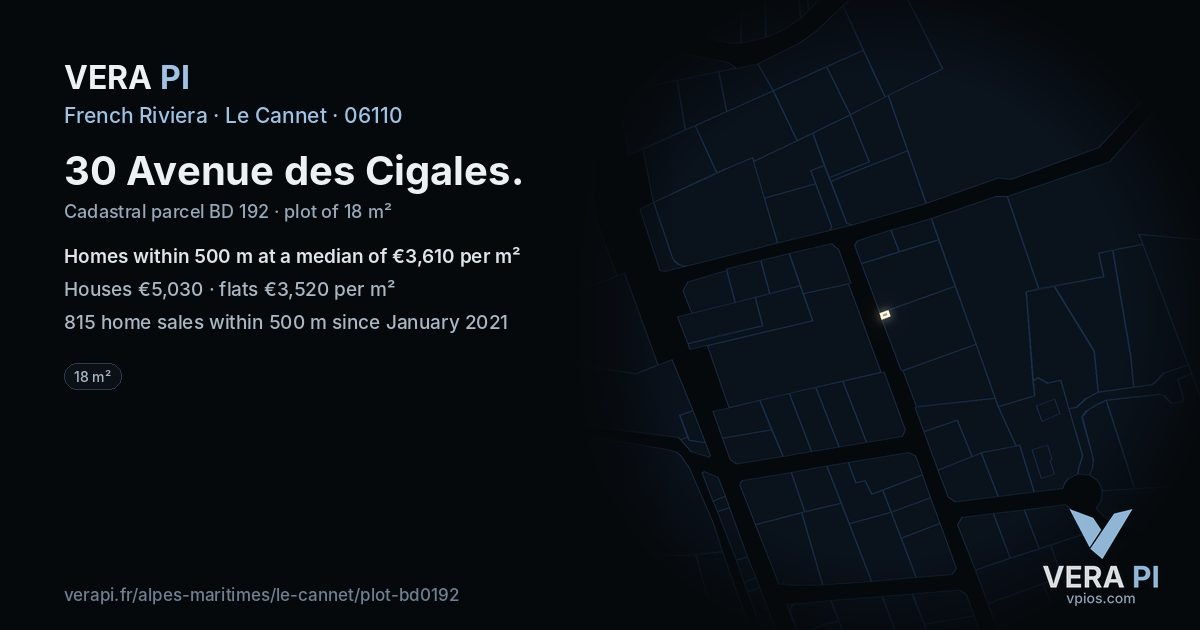 30 Avenue des Cigales, Le Cannet at night – the plot lit, the parcels around coloured by the prices near them