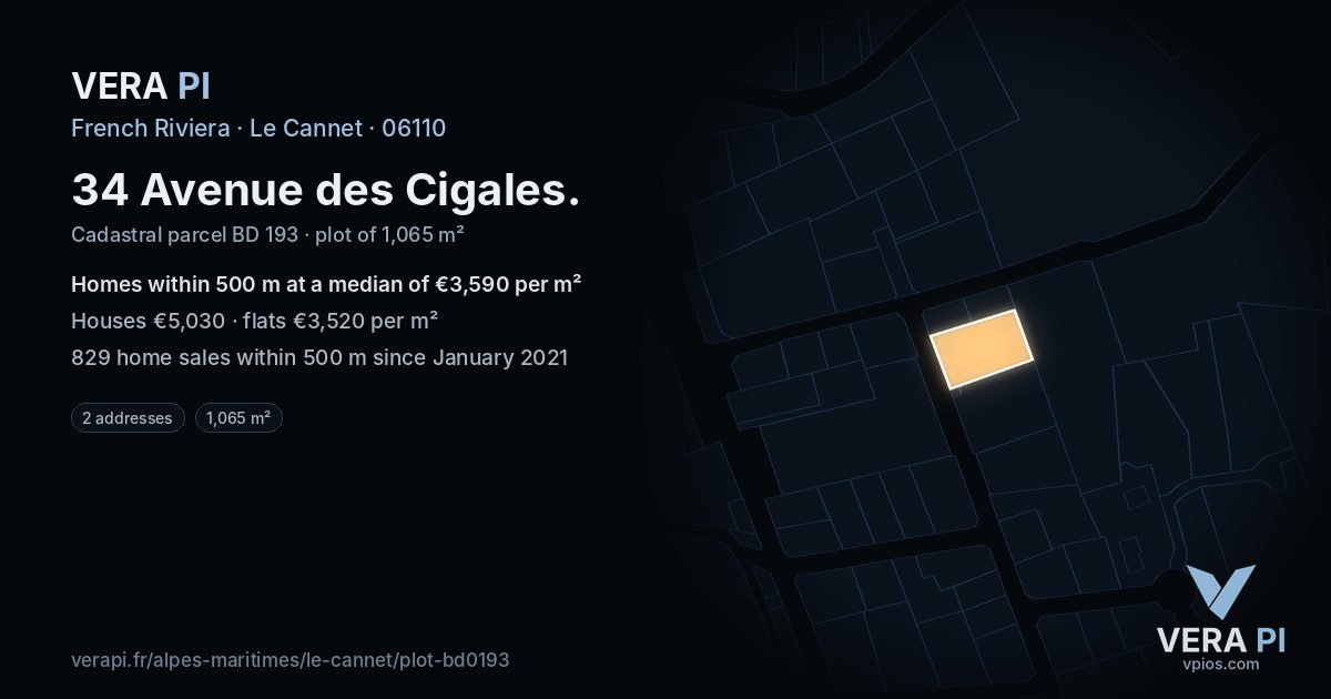 34 Avenue des Cigales, Le Cannet at night – the plot lit, the parcels around coloured by the prices near them